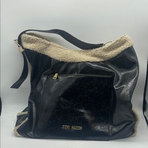 STEVE MADDEN Black Vegan Leather Shearling Extra Large Hobo Purse Bag Tote